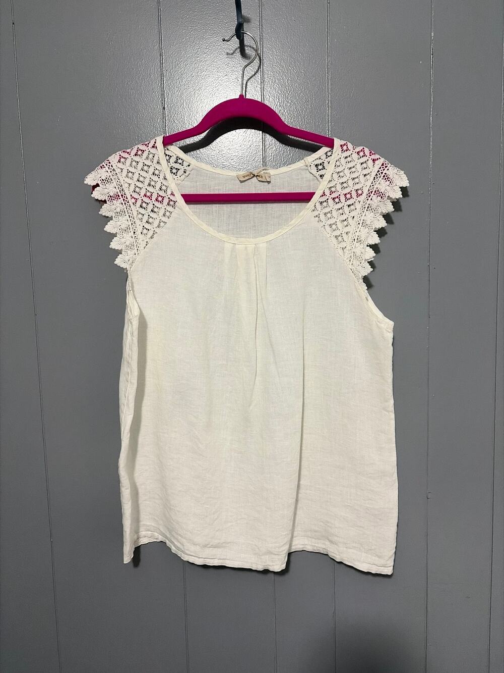 Sunflower Made in Italy White Crochet Sleeves Linen Relaxed Fit Boho Top S